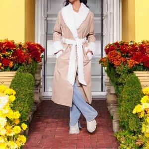 Beige Faux Fur Trimmed Trench Coat